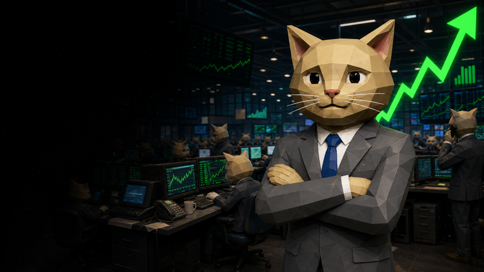 CATCO low-poly executive cat monitoring token markets from a trading command center